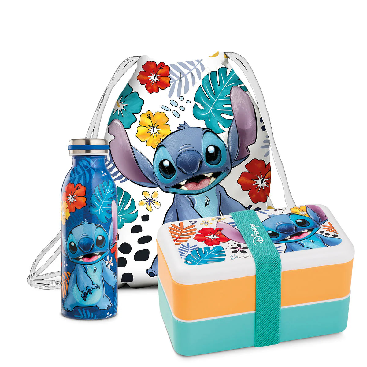 EGAN Set Lunch box + Bottiglia termica + sacca Stitch Blu DISNEY