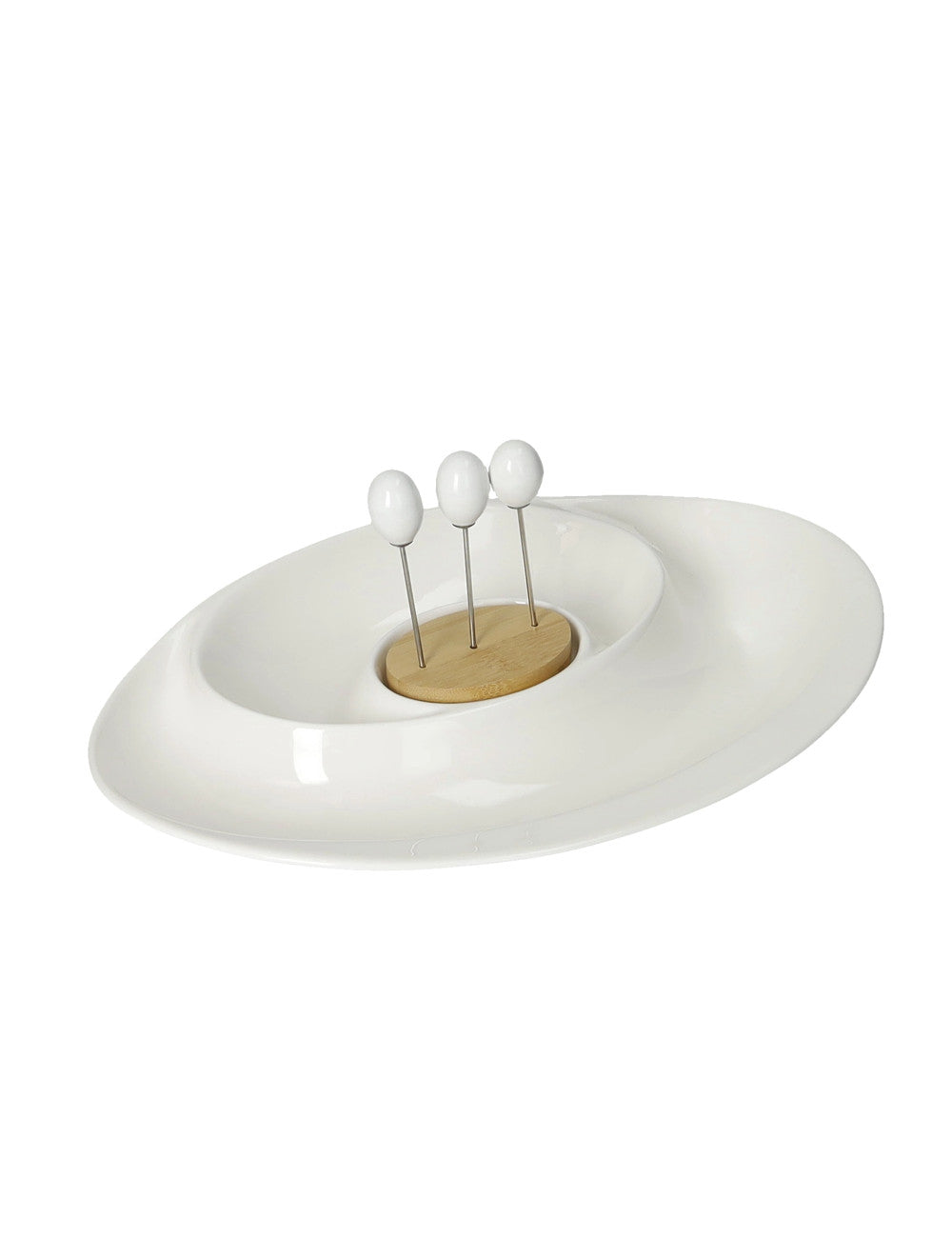 ANTIPASTIERA ANDROMEDA PORCELLANA/BAMBOO C/3 FORCCH INOX