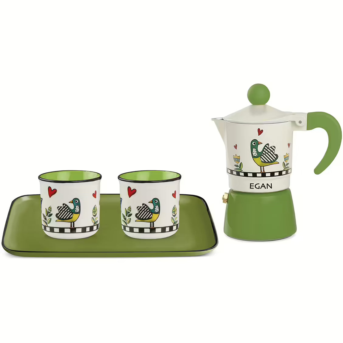 EGAN SET MOKA + 2 BICCHIERINI + VASSOIO COCORICO' VERDE