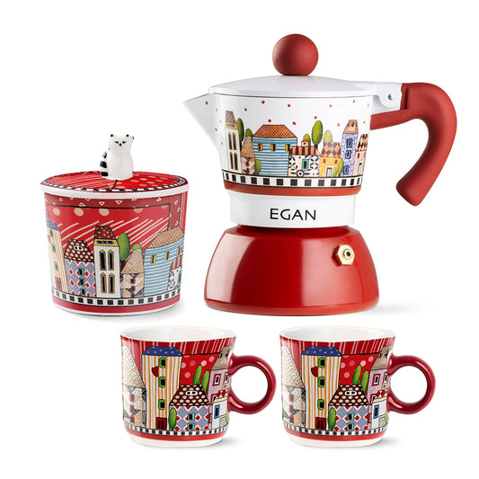 EGAN Set Moka 2 Cps + 2 Minimug + Zuccheriera Paese Mio Rosso