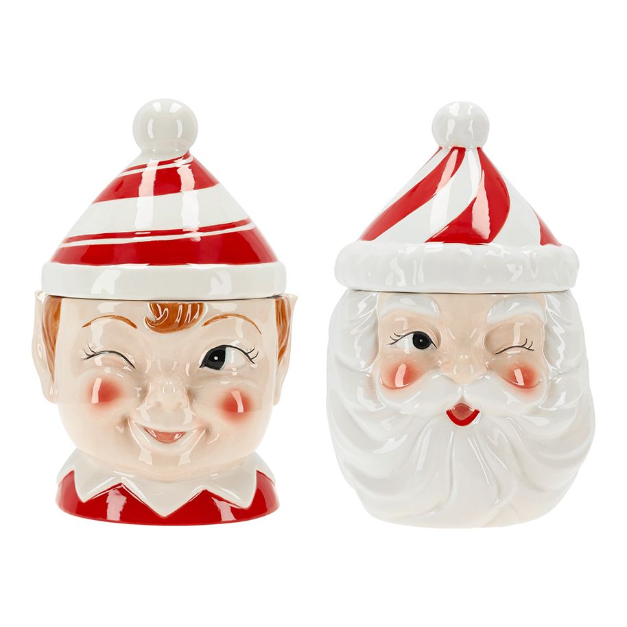 Barattolo per biscotti in ceramica, assortito in 2 modelli elfo e Babbo Natale