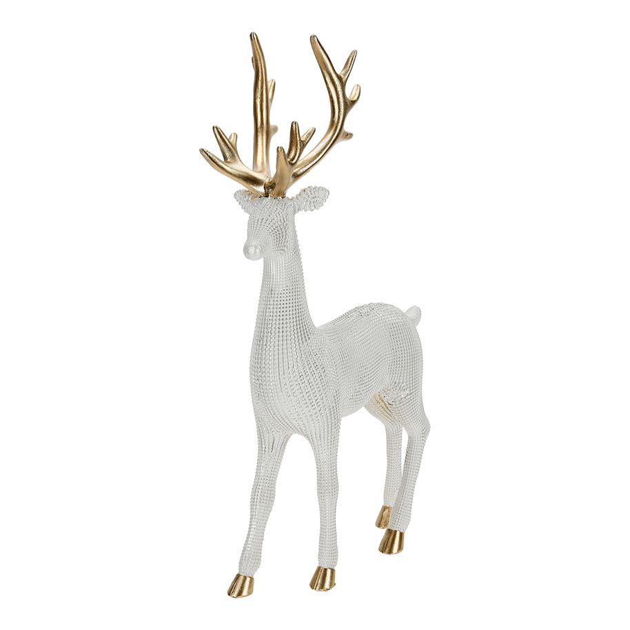 Cervo Decorativo Bianco e Oro - Scultura Natalizia Elegante in Resina, Effetto Rete Cristallo