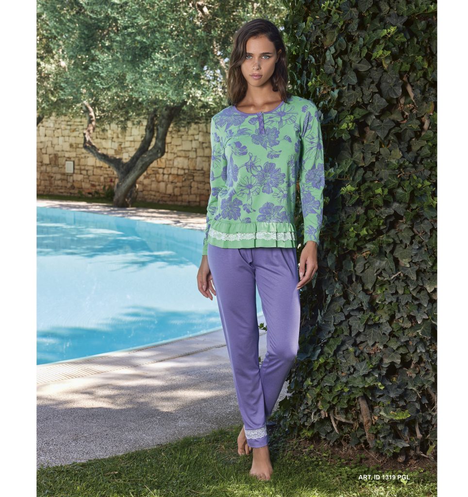 Pigiama donna a manica lunga collo serafino motivo floreale color menta INTIMAMI