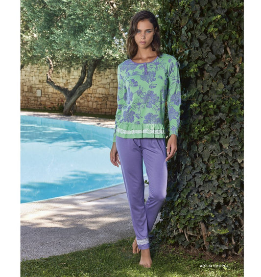 Pigiama donna a manica lunga collo serafino motivo floreale color menta INTIMAMI