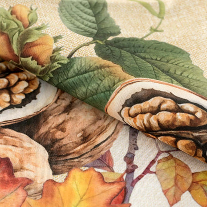 Tovaglia In Cotone Con Fantasia Autunnale Di Foglie Sottobosco 140X180 Linea Oro