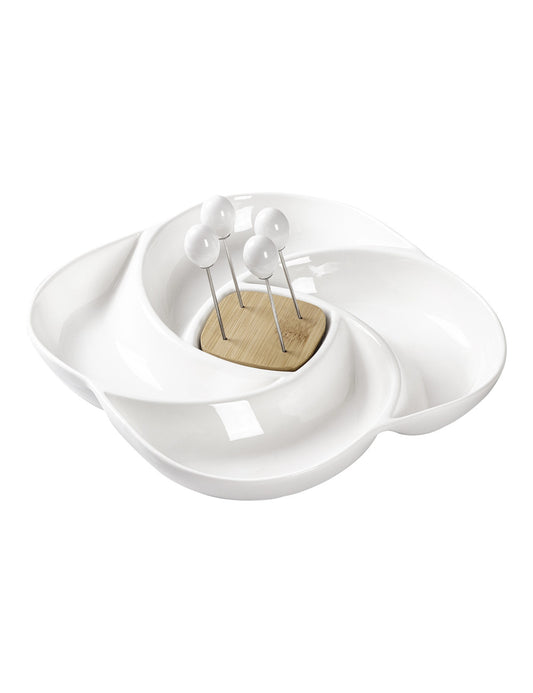 ANTIPASTIERA GIRELLA PORCELLANA/BAMBOO C/4 FORCH INOX