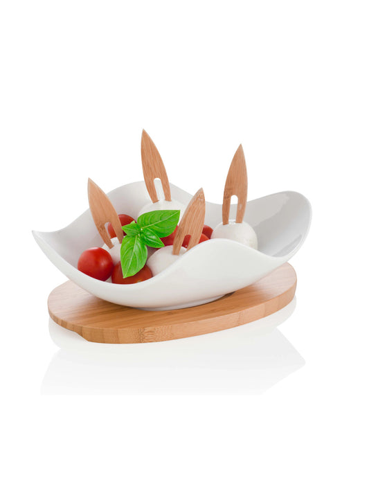 BRANDANI ANTIPASTIERA NUVOLA PORC BIANCA C/SUPP E 4 FORCH BAMBOO