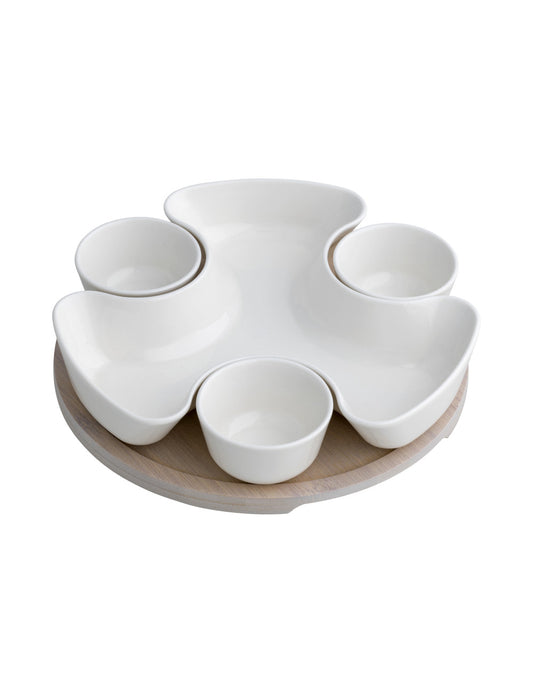 ANTIPASTIERA PUZZLE PORCELL BIANCA C/SUPPORTO BAMBOO NATUR