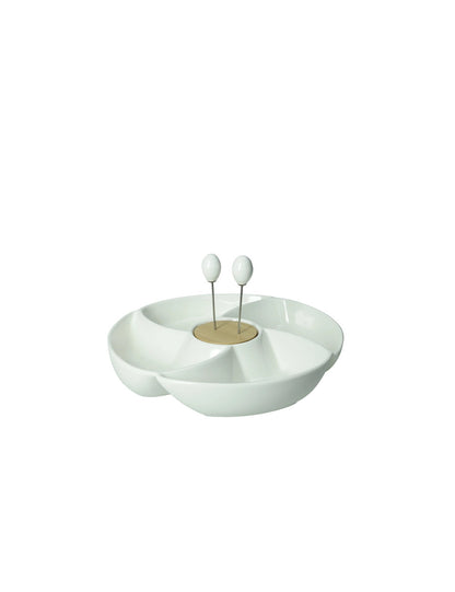 ANTIPASTIERA RONDO PORCELLANA/BAMBOO CON 2 FORCHETTINE INOX BRANDANI