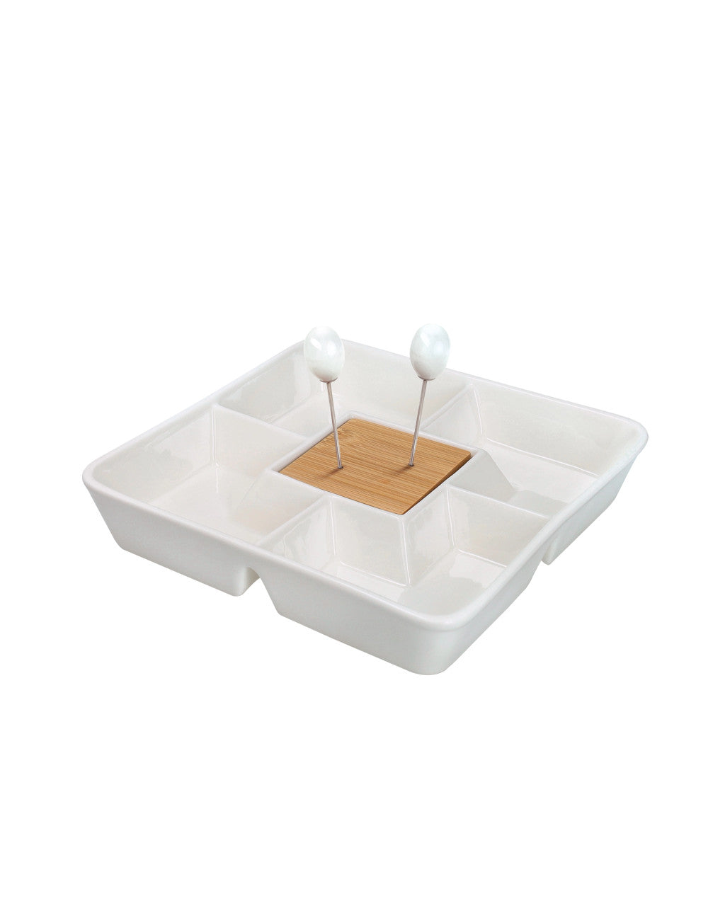 BRANDANI ANTIPASTIERA TETRIS PORCELLANA/BAMBOO CON 2 FORCHETTINE INOX/PORCELLANA