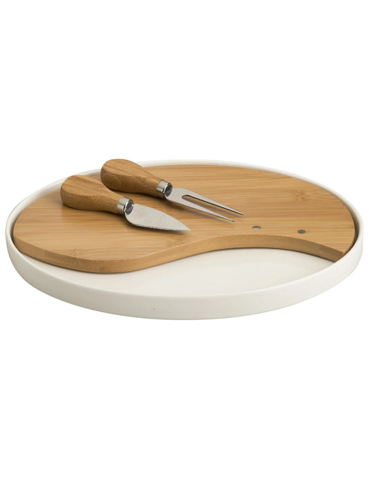 TAGLIERE PORCELLANA/BAMBOO C/2COLTELLI FORMAGGI INOX OVALE BRANDANI