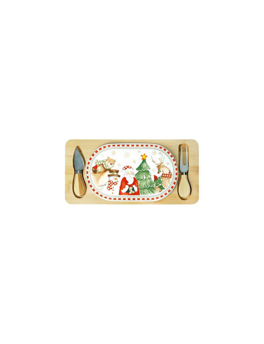 TAGLIERE RACCONTI PORCELLANA CON SUPPORTO BAMBOO E2 COLTELLI FORMAGGIO INOX BRANDANI